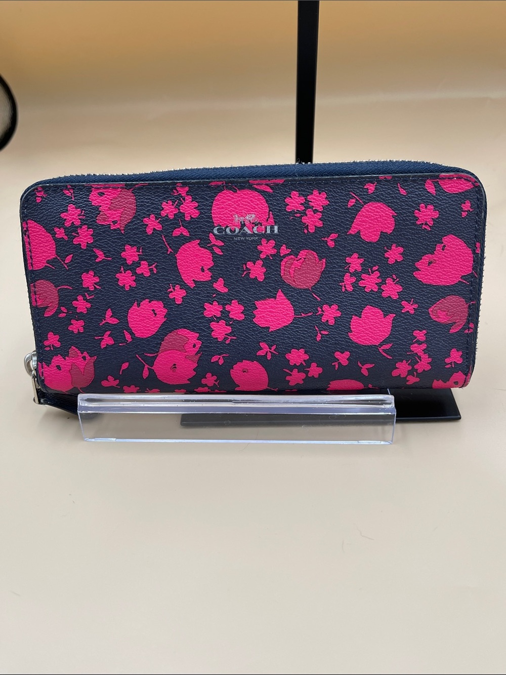 Coach Navy and Hot Pink Floral Zip-Around Wallet